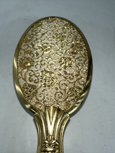Vintage Waschtisch Haarbürste Goldton mit abnehmbarer Bürste und glitzerndem Stoff Rückseite - Bild 3 von 12