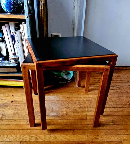 Vintage 60s Modern Walnut+Black Laminate Square Side End Occasional Tables x2 - Picture 19 of 23