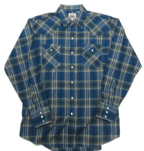 Ely Cattleman Snap Button Western Shirt Mens Large Blue Plaid Metallic L/S
