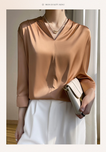 HOT Mulberry Silk Long-sleeved Shirt Women's Morning Satin Chiffon V-neck Top - Picture 10 of 27