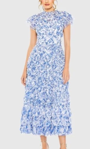 Anthropologie Mac Duggal Short-Sleeve High-Neck Ruffle Dress Sz 18 Blue Floral - Picture 3 of 5