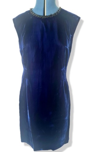 Vintage Velvet Dress 1960s Mod blue cotton hand made Embellished beaded midi - Picture 2 of 12
