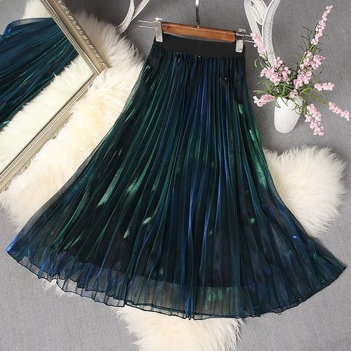 Faldas plisadas de malla brillante degradado metálico mediodía cintura alta moda brillo - Imagen 7 de 14