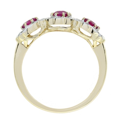 9K Two Tone Gold Ruby and Diamond Art Deco Style Three Stone Ring - Picture 6 of 11