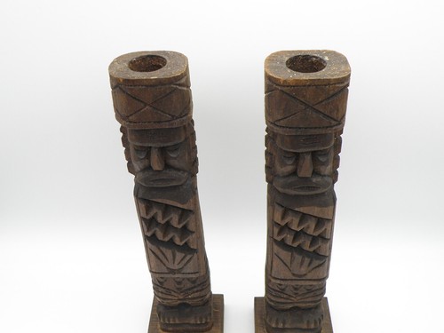 Vtg Pair Hand Carved Wooden Totem Tiki Candle Holders 12" Faces Geometric Shapes - Picture 2 of 11
