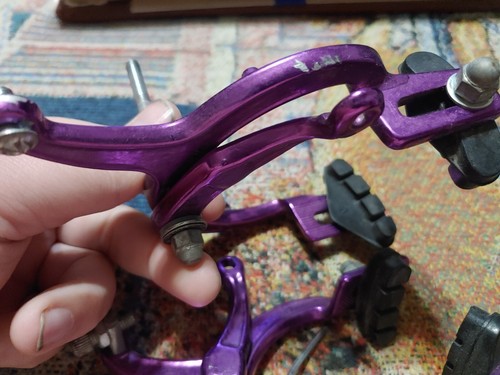 Pinzas de freno delanteras y traseras Lee Chi 1000A vintage cromo púrpura BMX de la vieja escuela - Imagen 10 de 12