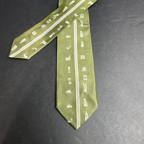 Vintage Olive Green Skinny Tie Asian Characters 55” - Picture 2 of 8