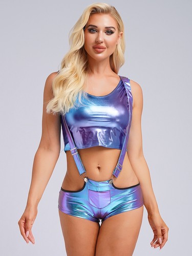 Damen Set Glänzende Outfits Hotpants Clubwear Reflektierend Glänzend Metallic Nacht Tank - Bild 10 von 57
