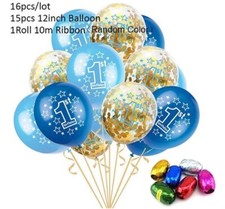 1st Birthday Balloons Blue Gold Mix w/Ribbons Set Latex