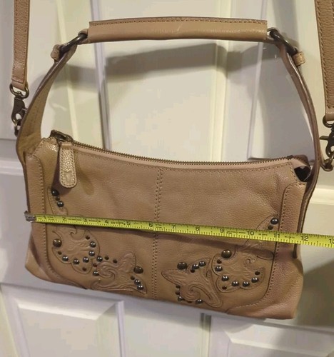 Frye Montana Tan Brown Leather Studded Zip Top Shoulder Bag - Picture 9 of 11