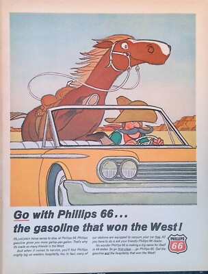 2 Print Ads 1966 Phillips Gasoline Old West Cowboy Hat Moustache Horse Passenger