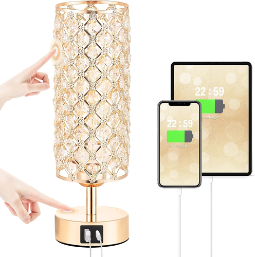 Crystal Table Lamp, Gold Lamp for Bedroom with USB-C USB-A Charging Ports, 3 Way