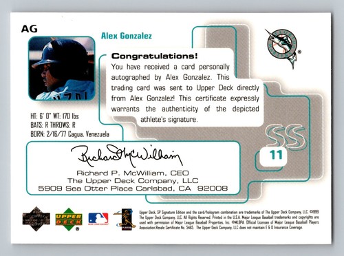 Autógrafos Alex Gonzalez 1999 SP edición exclusiva #AG Florida Marlins - Imagen 2 de 2
