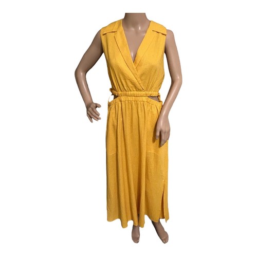 MNG Mango Womens Cut Out Sides Midi Dress L Yellow Linen Pockets Vacation Cruise - Picture 7 of 24