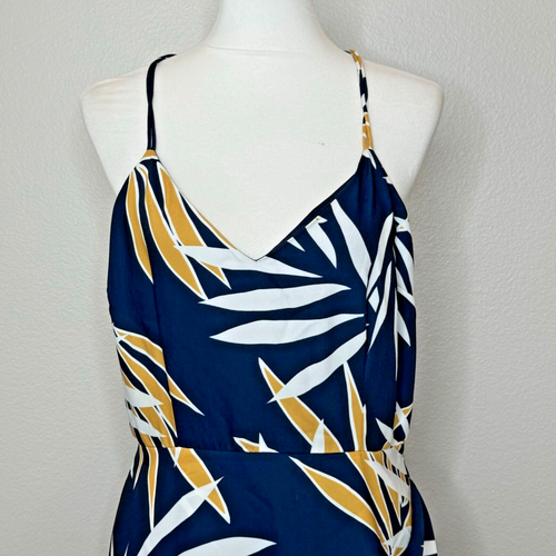 FINDERS KEEPERS Midi Dress LG Spaghetti Straps Botanical Faux Wrap Pleats Navy - Picture 3 of 12