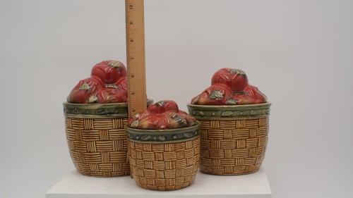 Cute Vintage 3 Canister Set with Lids Apple Basket Design Rustic Country - Picture 2 of 5