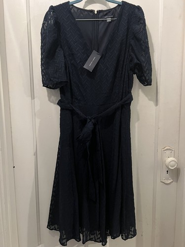 Tommy Hilfiger Women's Puff Sleeve V-Neck Midi Dress 12 Sky Captain Blue