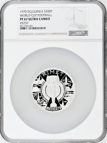 Equatorial Guinea 200 pesetas 1970, NGC PF67 UC, "FIFA World Cup" silver coin - Picture 1 of 2