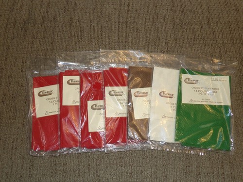 Lot 7 Packages Aida Cloth 11 & 14 Ct Cross Stitch Fabric Green Red Brown White - Picture 6 of 6