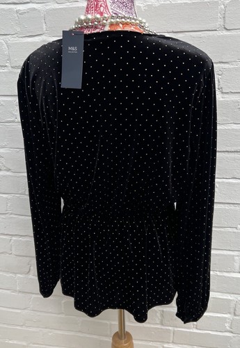 New M&S Collection Black Velvet Faux Wrap Top Blouse UK 14 Gold Detail Shirt - Picture 3 of 9