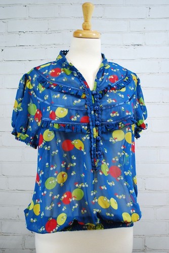 Kimchi & Blue Urban Outfitters Sheer Blouson Shirt Top Short Sleeve Blue Print L - Picture 1 of 10