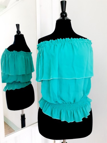 Womens Off the Shoulder Ruffled Sleeves Elastic Hem Casual Career Blouse Small - Picture 3 of 14