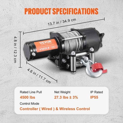 Electric Winch 4500 lbs. Load Capacity with 39 ft. Steel Cable and Wireless Hand - Picture 7 of 8