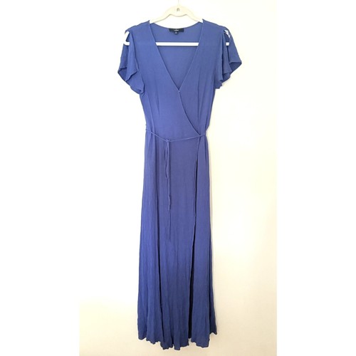 Lulus Heart of Marigold Denim Blue Wrap Flutter Sleeve Travel Maxi Dress Sz S - Picture 2 of 9