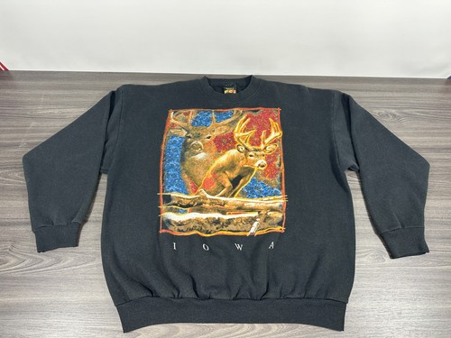 VINTAGE 90s Y2K TSI Deer Nature Black Sweatshirt Crew Neck Size XL Made In USA - Bild 1 von 9