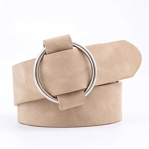 NEU Weicher Kunstleder Vegan Wildleder Leder Gürtel Rund Silber Schnalle Beige Natur D0700 - Bild 14 von 14