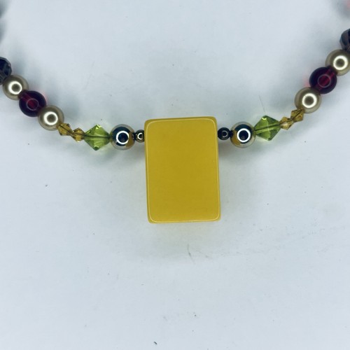 Vtg Art Deco Mod Bakelite Mahjong Tile Necklace Stained Glass Beads Handmade 24” - Picture 5 of 5
