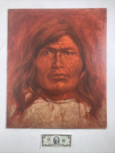 Dipinto olio originale d'epoca ritratto di uomo nativo americano firmato anni 70 - Foto 2 di 10