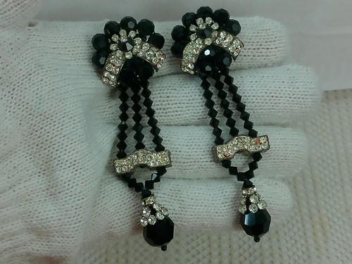 Vtg Lois Ann Art Deco Black Faceted Glass Rhinestone Chandelier Runway Earrings - Picture 2 of 19