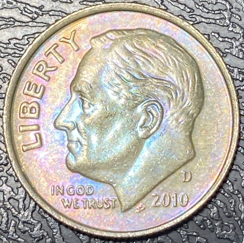 Hermosa moneda de diez centavos Roosevelt 2010-D brillante en tono dorado/arco iris #18 - Imagen 5 de 12