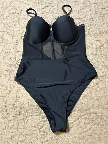 Victoria's Secret Gr. S rückenfreier schwarzer Pushup-Einteiler Badeanzug Netzbund
