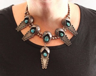 Antique Western Navajo Silver Papoose Cradleboard Necklace & Kingman Turquoise