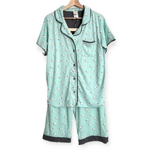 Munki Munki Mint Green Sheep Print Short Sleeve Cropped Soft Pajamas Women's L - Foto 1 di 15