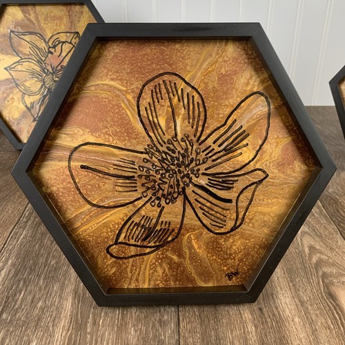 4er Set handbemalte Sechseck-Tischplatte mit Blumenrahmen Wandbehang Bilder - Bild 4 von 10
