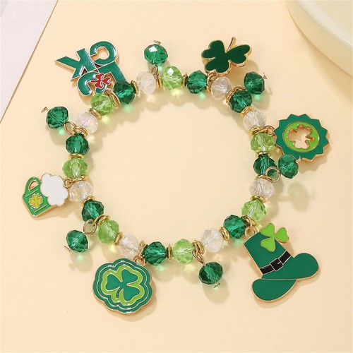Pulsera Día de San Patricio Dije Hecho a Mano Hoja Verde Sombrero SUERTE PERLA Y CRISTAL B - Imagen 6 de 6