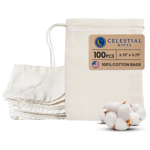 Cotton Muslin Bags 100 Count (2.75 x 3.75 inches) Natural Drawstring, made wi...