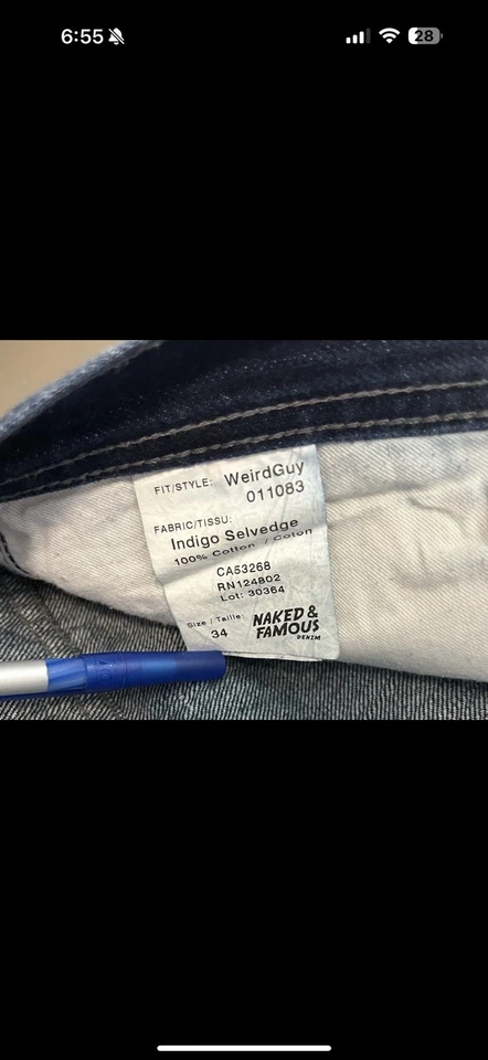 Pantalones de mezclilla crudos Naked & Famous Weird Guy ribete índigo oscuro botón mosca 34X30 Foto 2 de 4