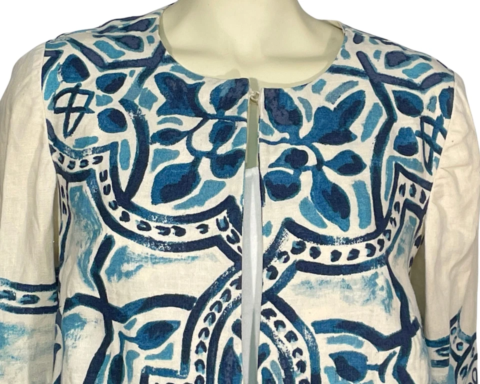 Chico's Talla 1 M 8-10 Chaqueta Abierta Plumero Artesanal Estampado Azul Blanco Lino Boho ATW Foto 4 de 4