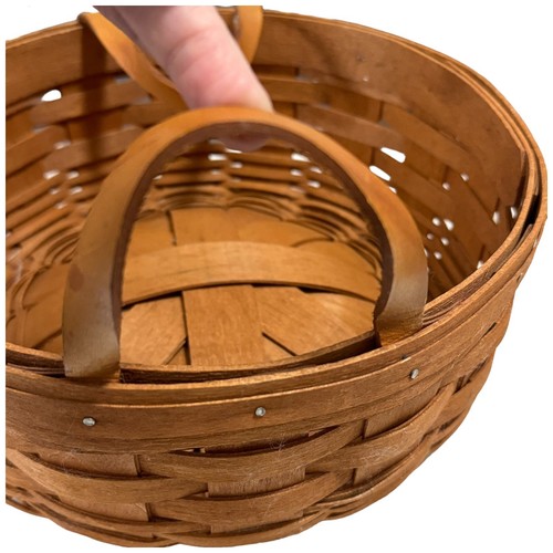 Vtg 1989 Longaberger Basket 10" Round Darning Basket W/ Leather Handles Signed - Picture 5 of 11