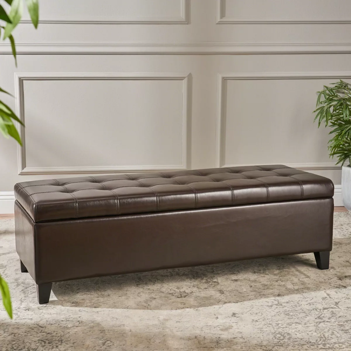 Brown leather storage bench outlet