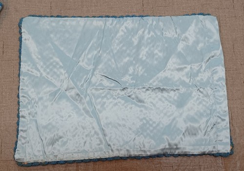 RARE! Antique Vtg Hand stitched Crochet baby quilt pillowcase satin ribbon - Picture 4 of 9