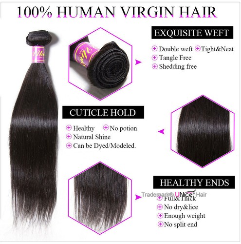 UNice Peruvian Straight 3 Bundles Human Hair Extensions With Lace Closure Weaves - Picture 3 of 12