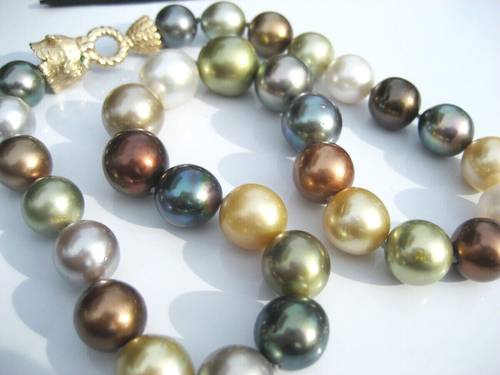 HONORA Authentic South Sea 15mm Pearl Necklace 14K Gold Lion Head Emerald Eyes - Picture 3 of 12