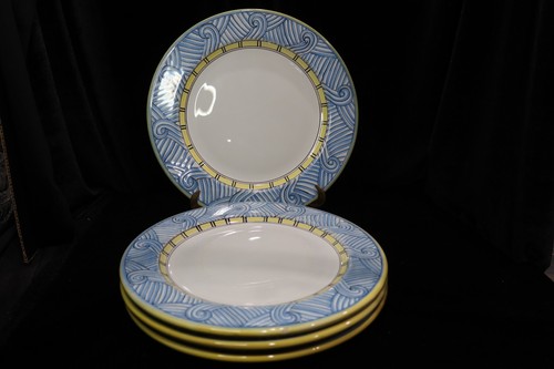 L'ANTICA DI DERUTA ITALY BLUE & YELLOW BORDER WHITE CENTER 4 DINNER PLATE 11 1/2 - Picture 2 of 7