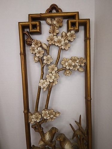 Vintage Homco Wall Decor Asian Bamboo Birds Butterflies Floral Design Gold White - Picture 7 of 7