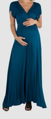 24seven Comfort Apparel Women's Blue V-Neck Maternity Maxi Dress Plus Size 2X